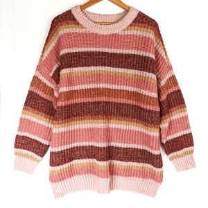 SO Burgandy pink striped ribbed knit crewneck sweater